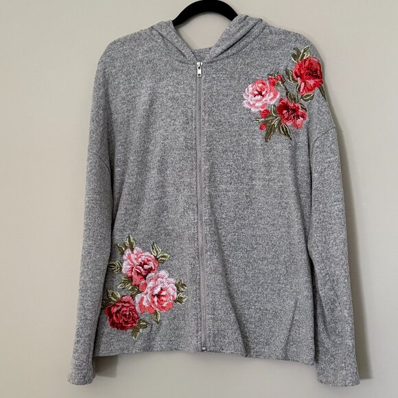 💖HOST PICK Rose Embroidered Long Sleeve Gray Zip Up Hoodie XL - Picture 1 of 8
